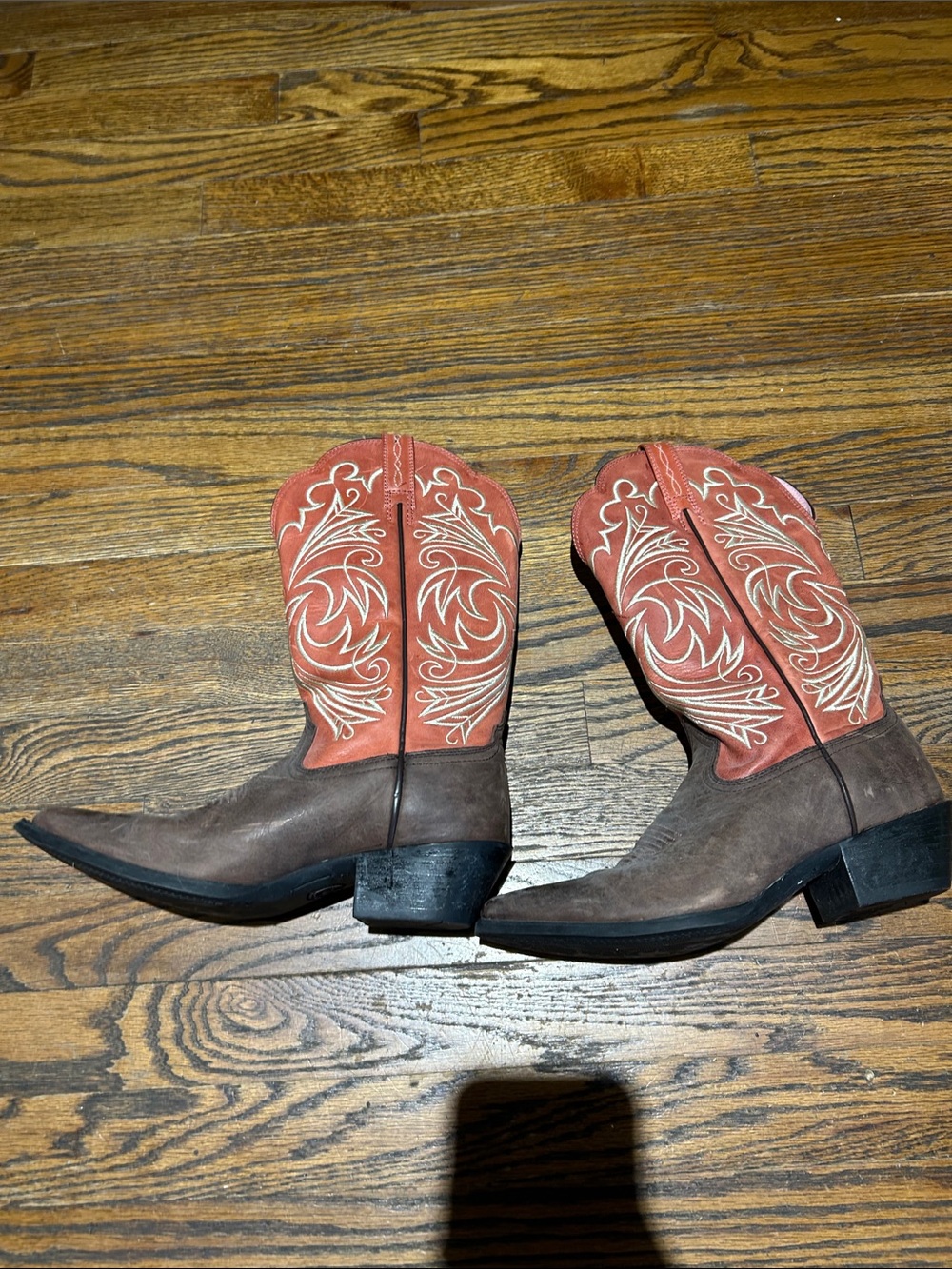 Ariat Brown Foot with Red Embroidered Shaft Western Heeled Boots - Picture 2 of 12